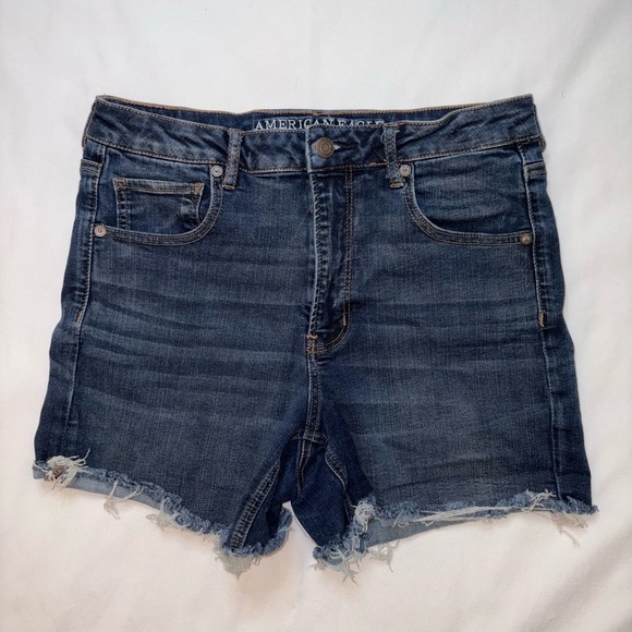 American Eagle Size 12 Dark Wash Super Hi Rise Shortie Super Stretch Jean Shorts - Picture 1 of 8